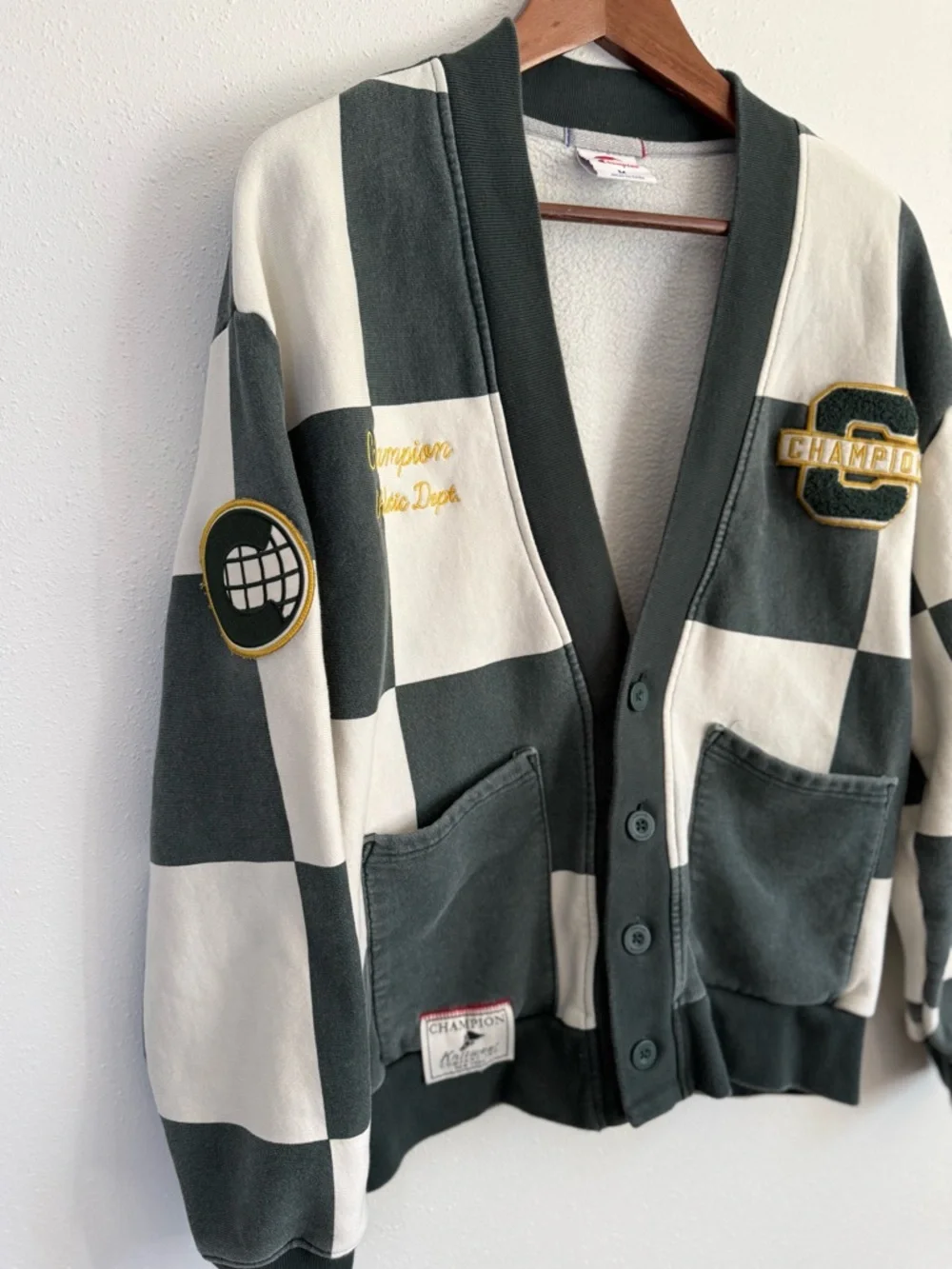 Champion Varsity Check Cardigan Green Cream Medium Retro Collegiate Sweater